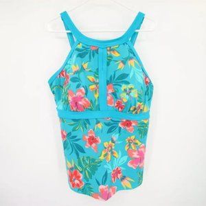 NWOT Lands End Blue Tropical Pattern Swim Tankini Top Halter Neck Size 16DDD
